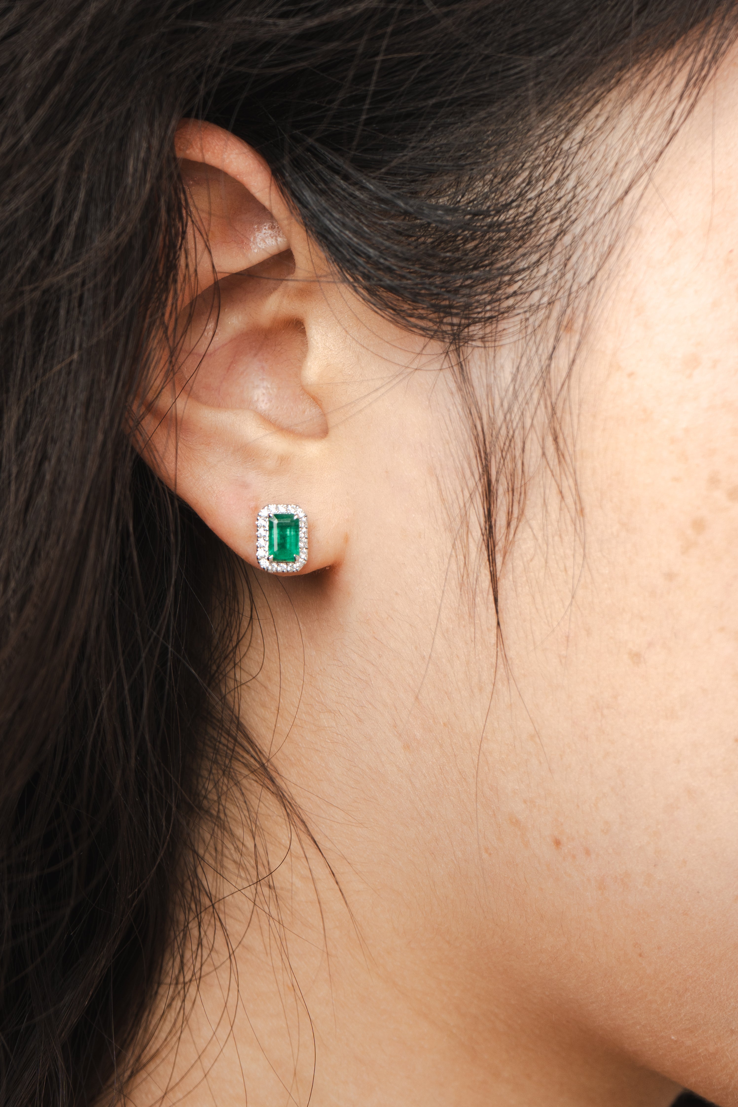 Emerald and Diamond Halo Stud Earrings