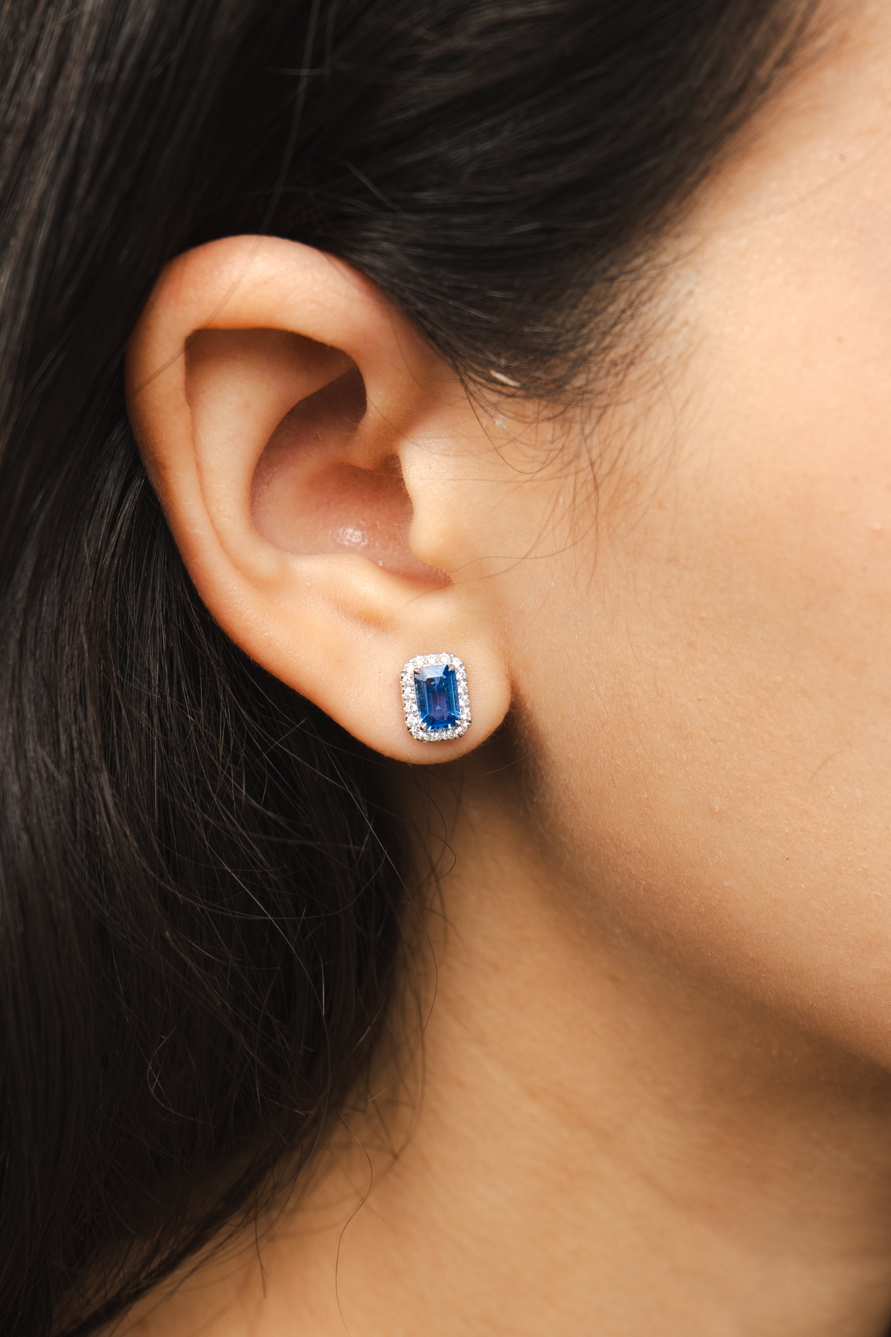 Blue Sapphire and Diamond Halo Stud Earrings