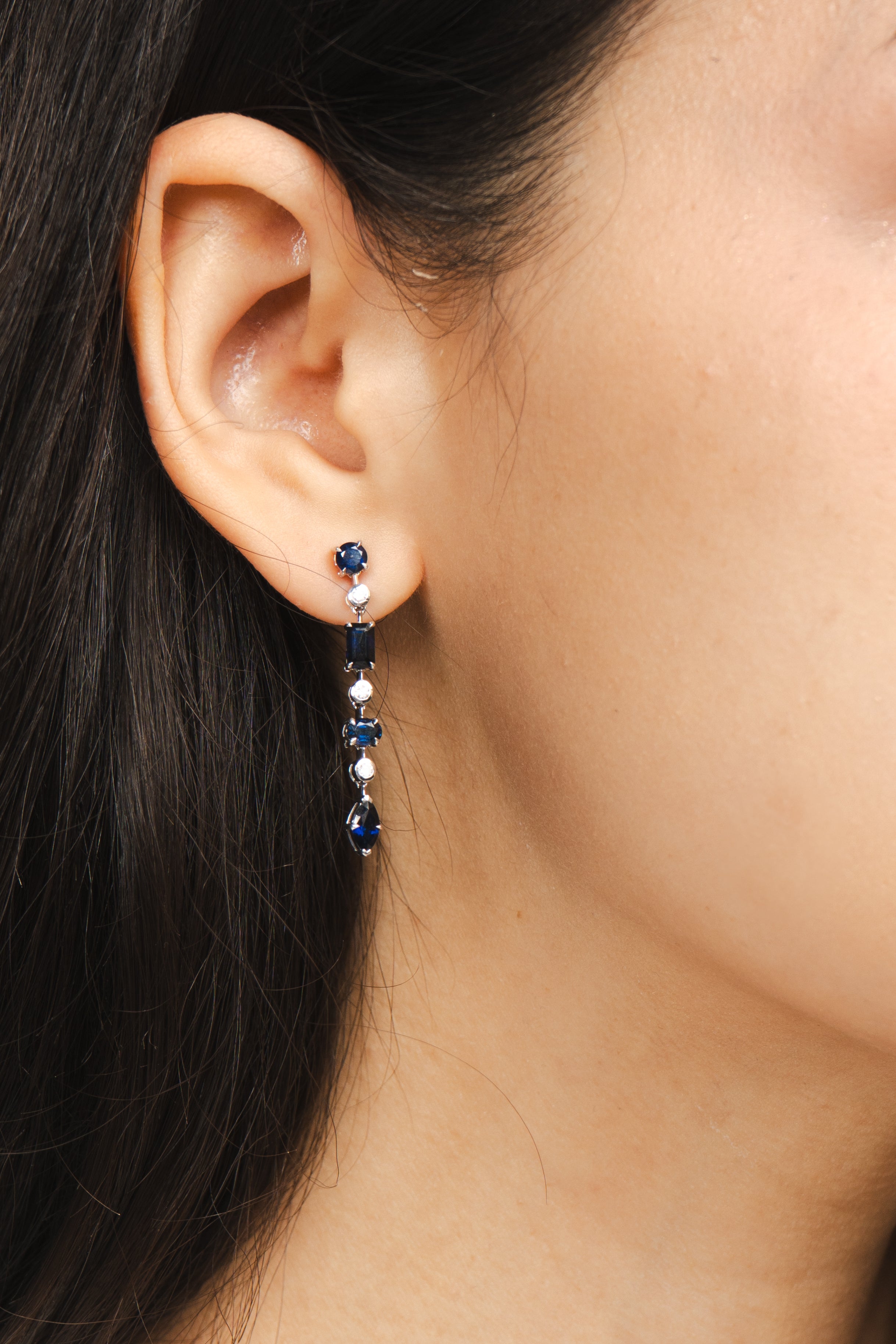Blue Sapphire and Diamond Linear Drop Earrings