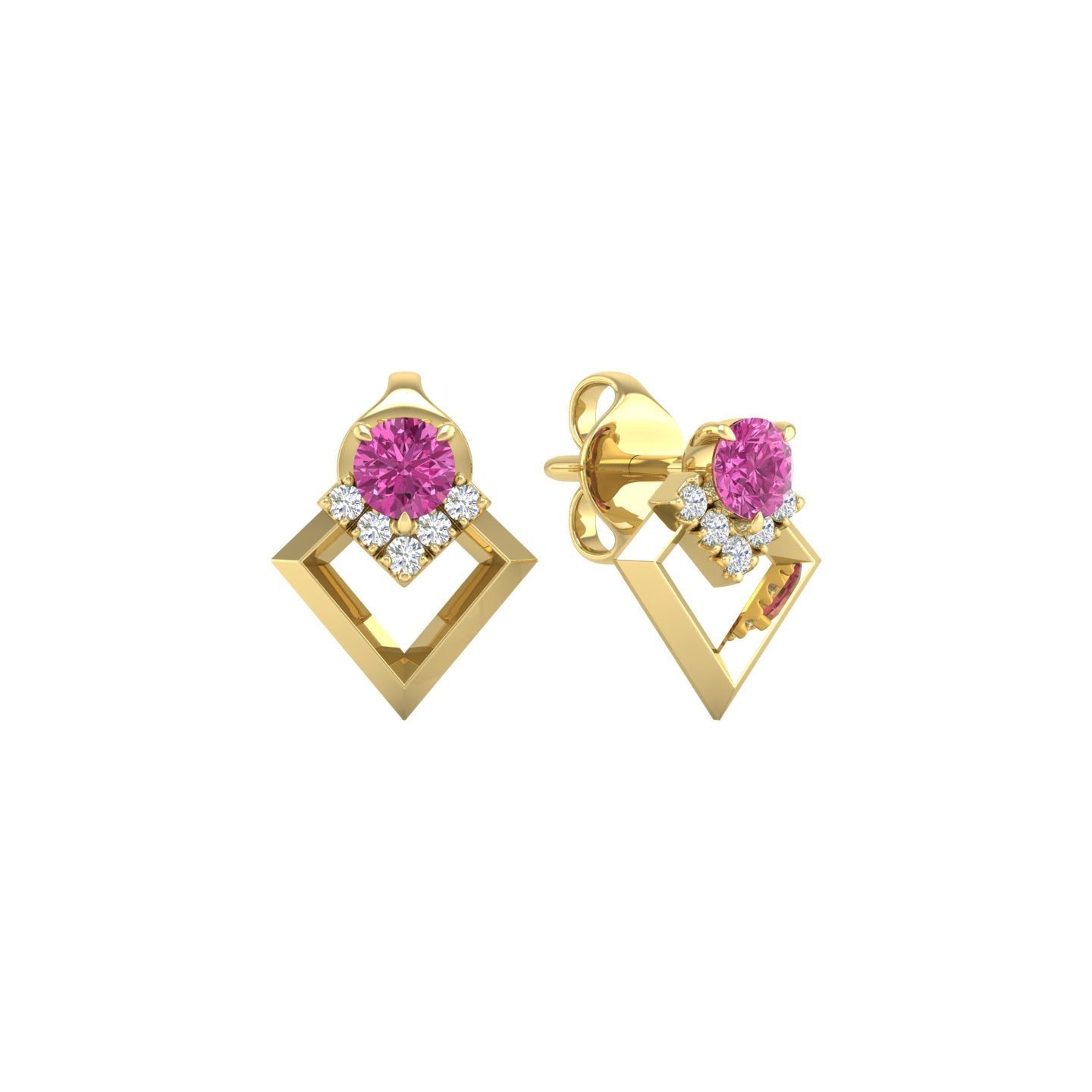 Pink Sapphire and Diamond Geometric Stud Earrings