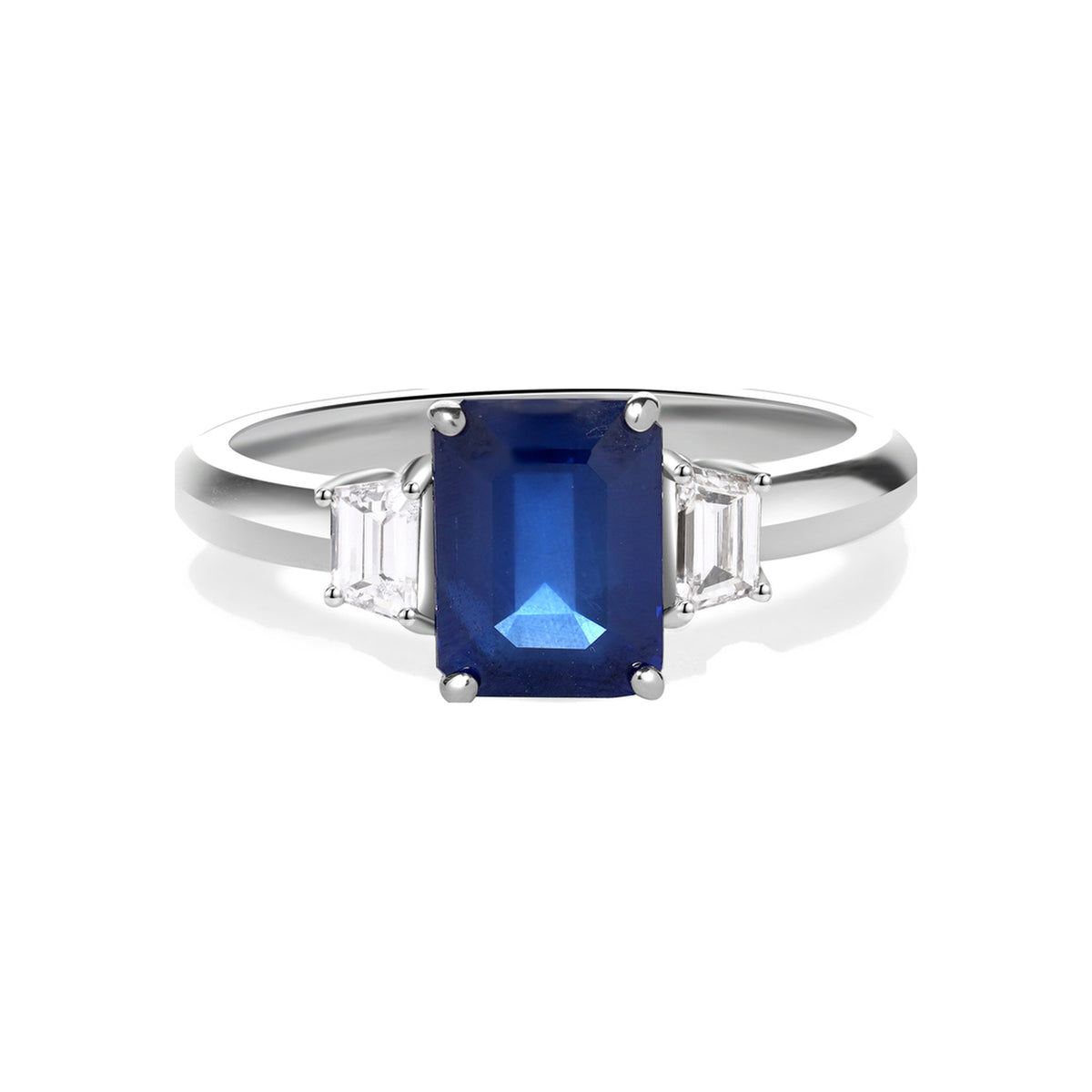 Blue Sapphire and Diamond Three Stone Ring
