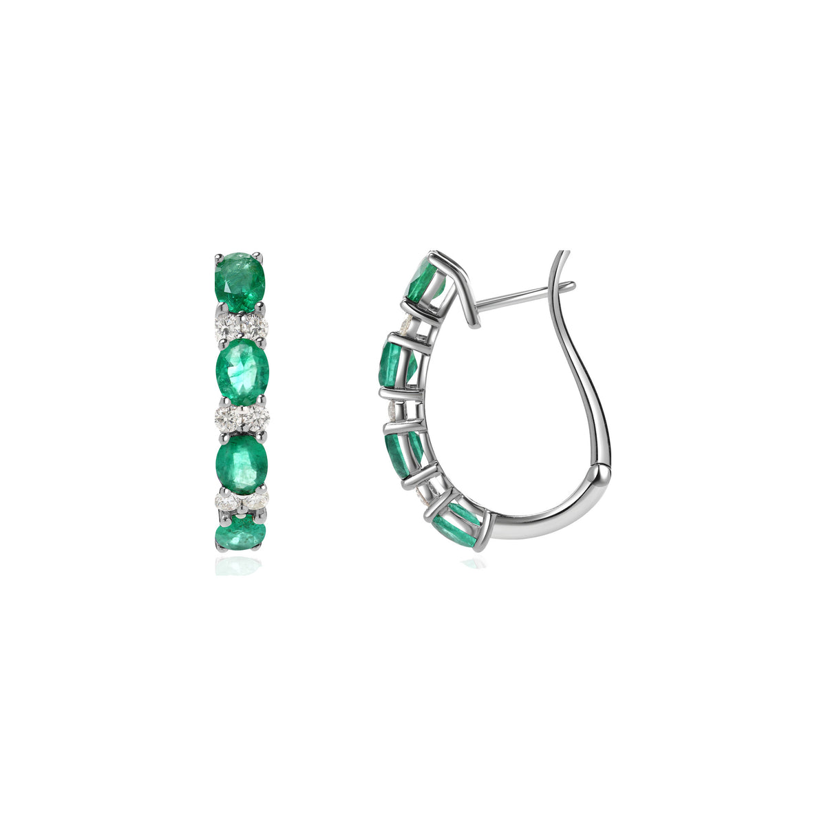 Emerald and Diamond Alternating Hoop Earrings