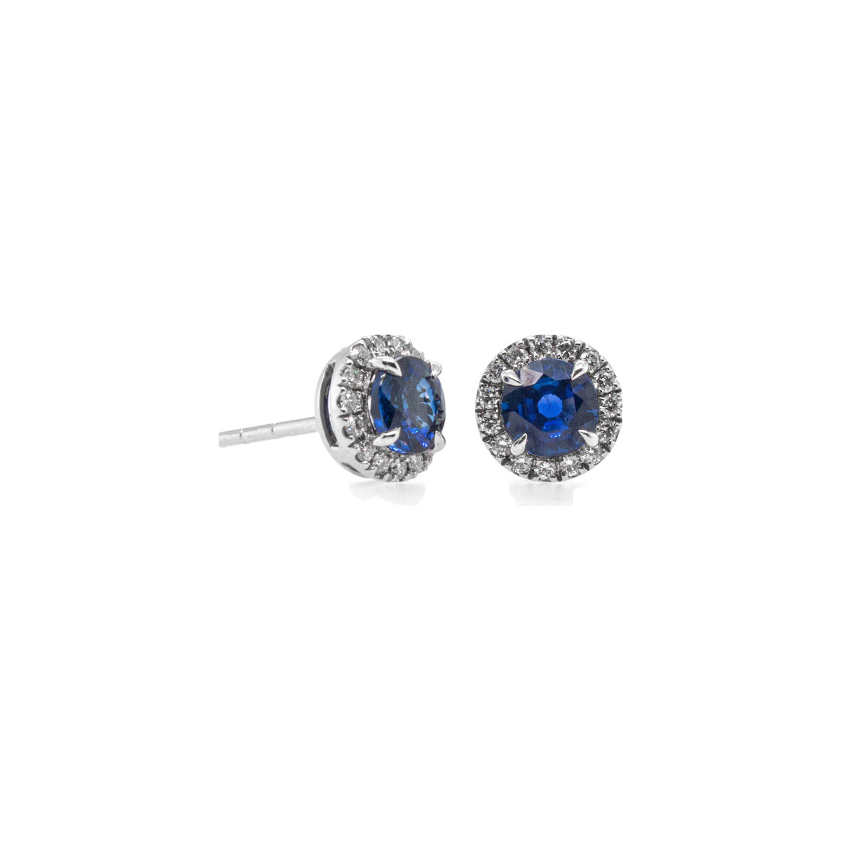 Blue Sapphire and Diamond Halo Stud Earrings