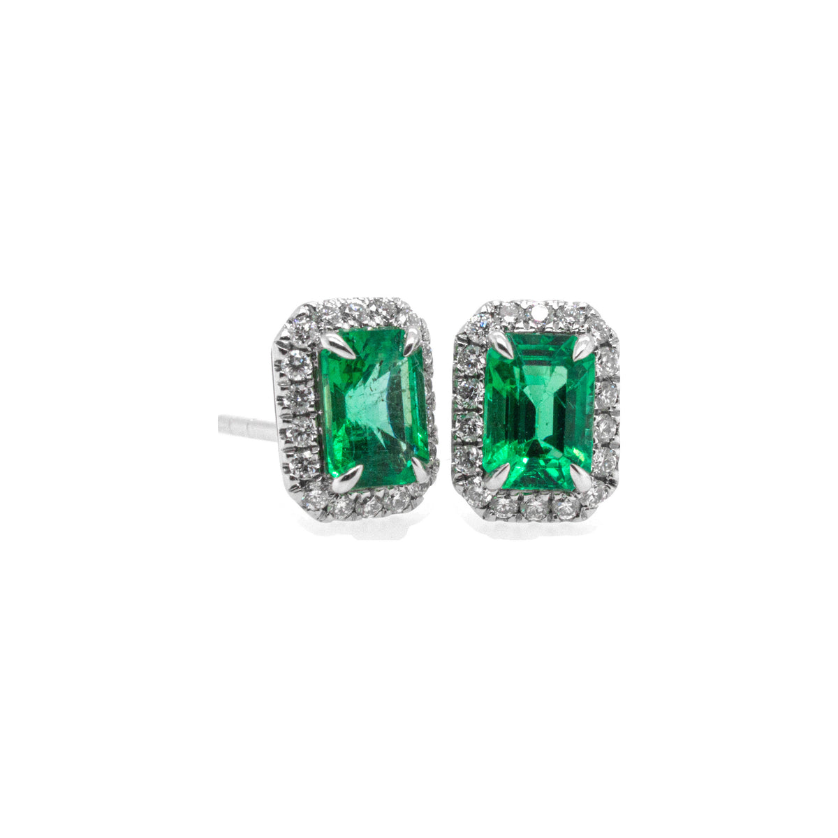 Emerald and Diamond Halo Stud Earrings