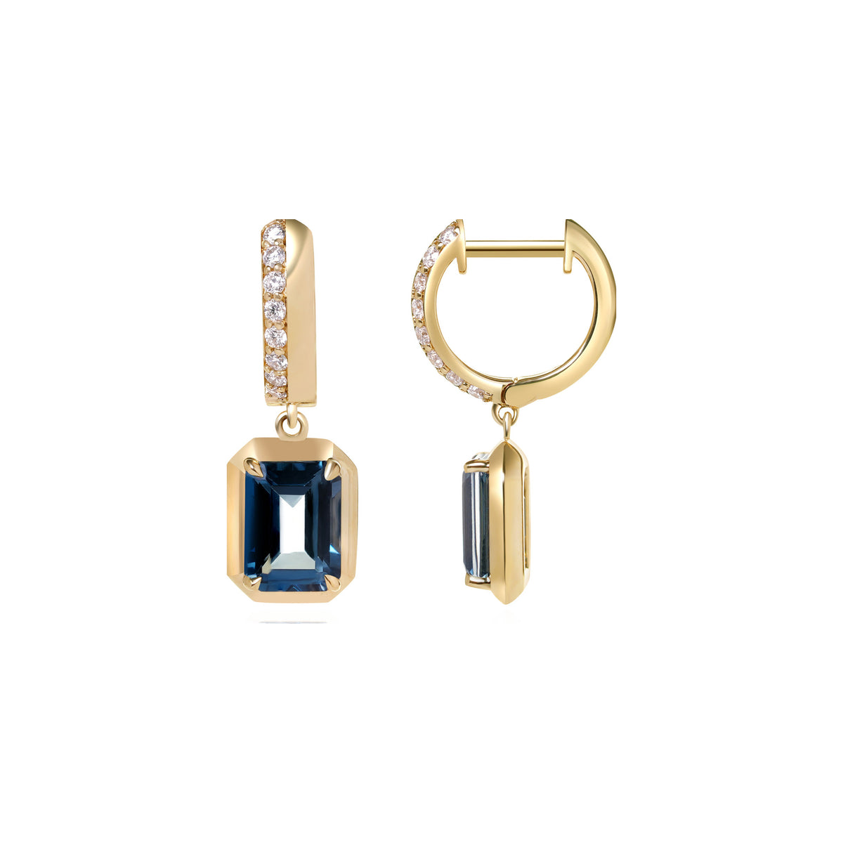London Blue Topaz and Diamond Bezel Drop Earrings
