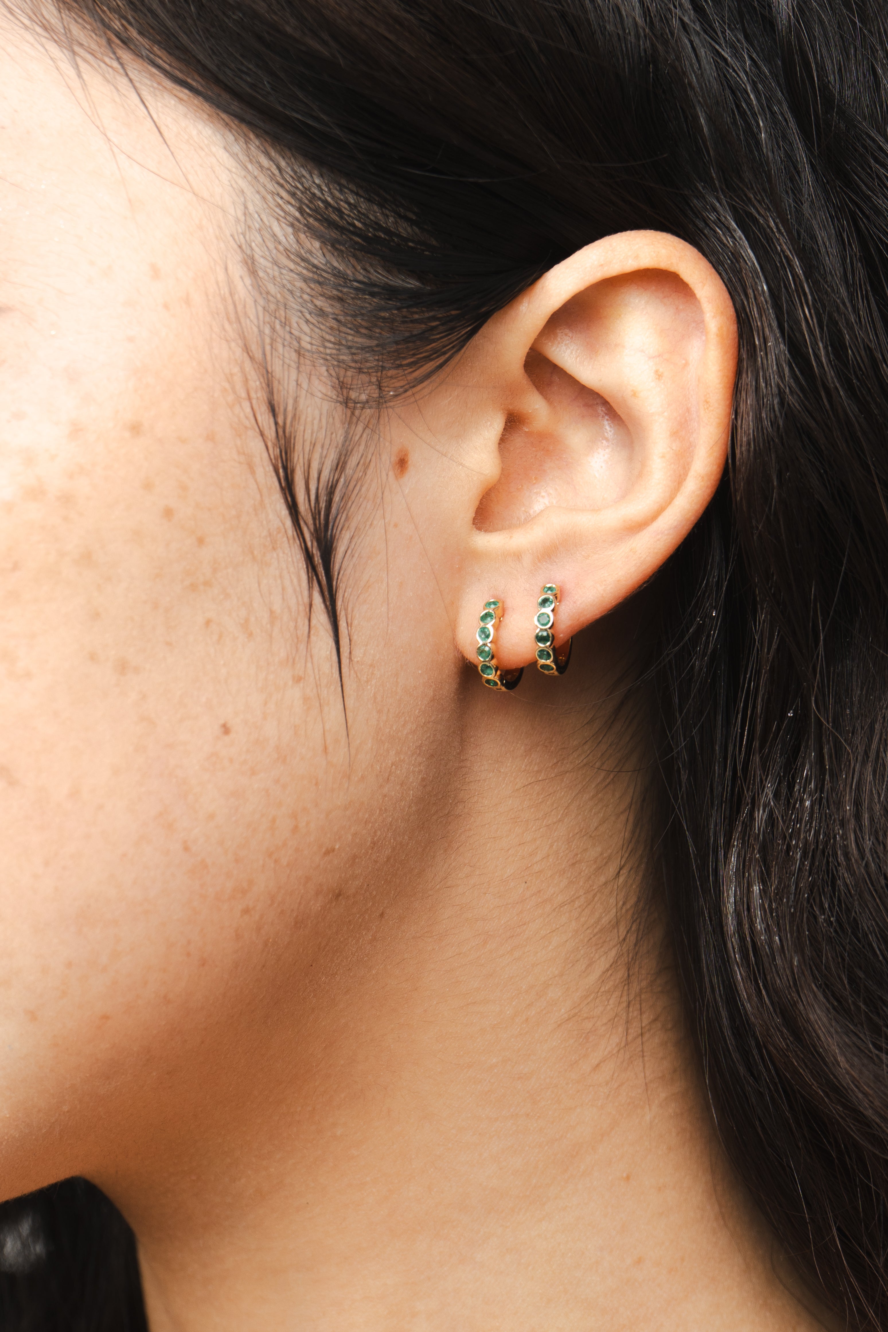 Emerald Bezel Huggie Earrings