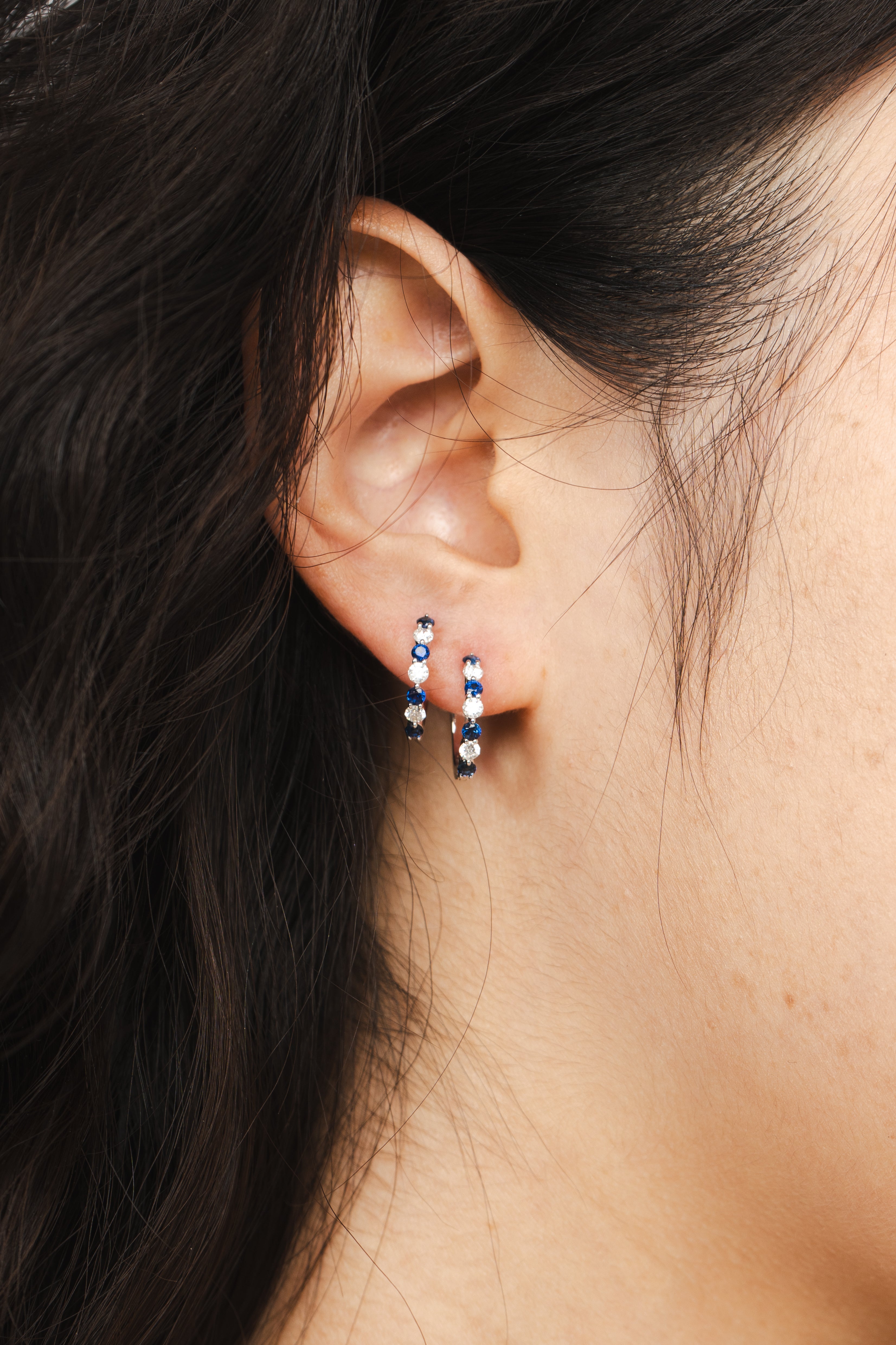 Blue Sapphire and Diamond Alternating Huggie Earrings