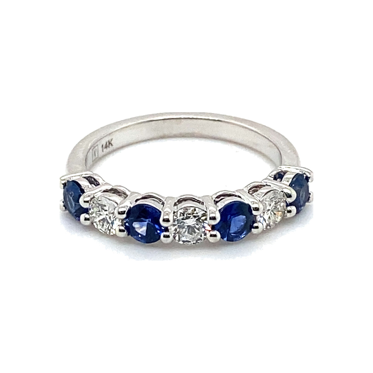 Blue Sapphire and Diamond Alternating Half Eternity Band Ring