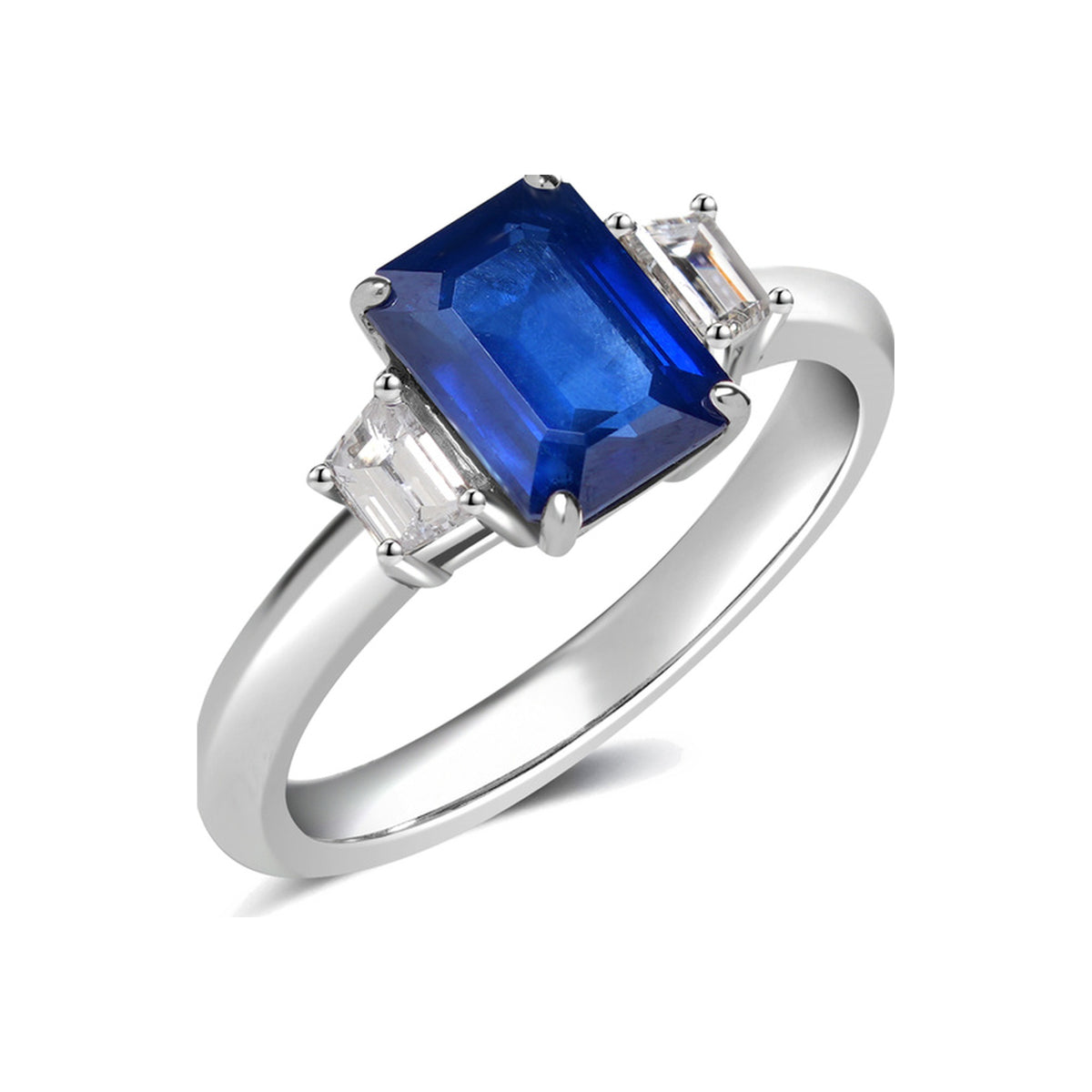 Blue Sapphire and Diamond Three Stone Ring